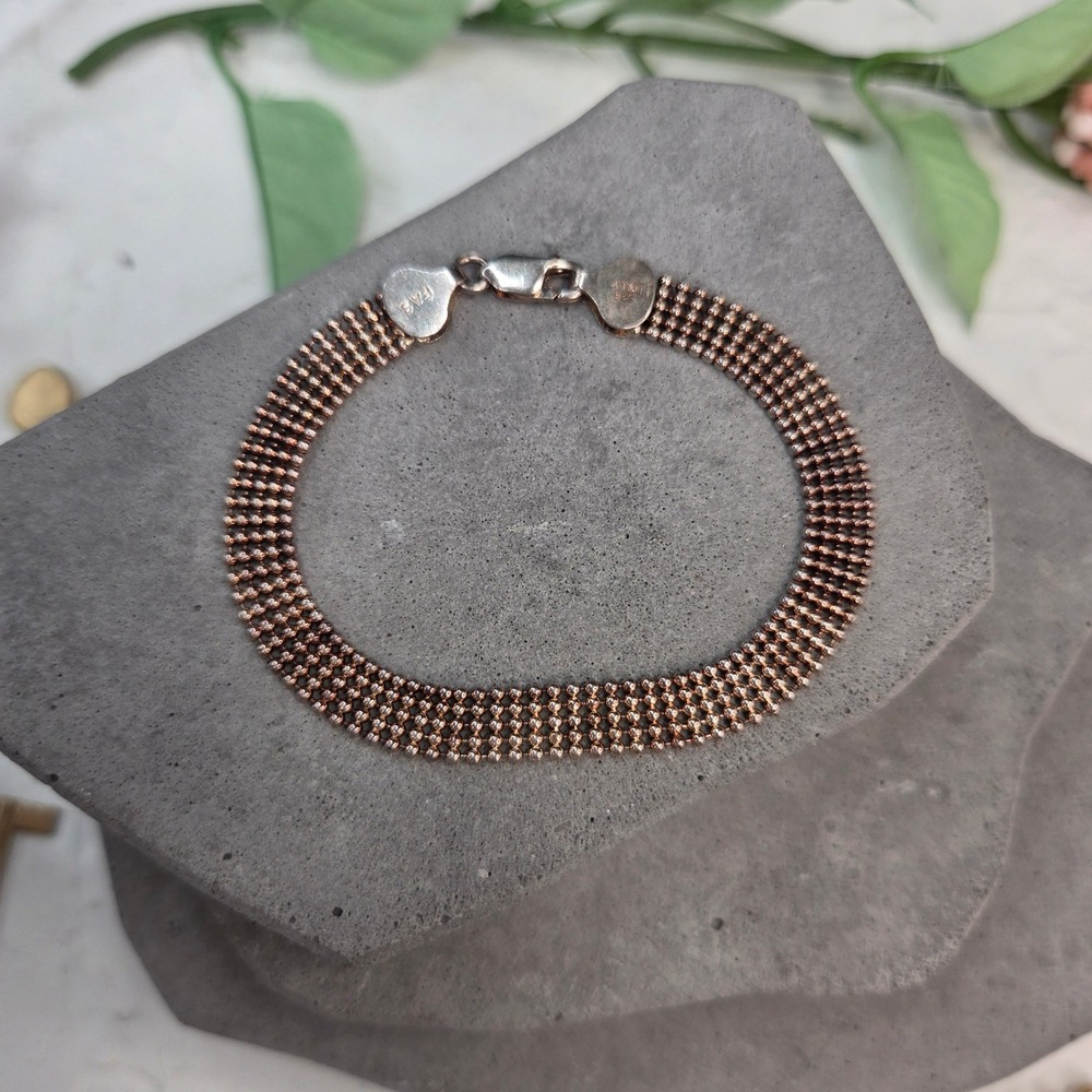 FAS 925 Italy Rose Gold Sterling Silver 5 Strand Mesh Ball Chain Bracelet